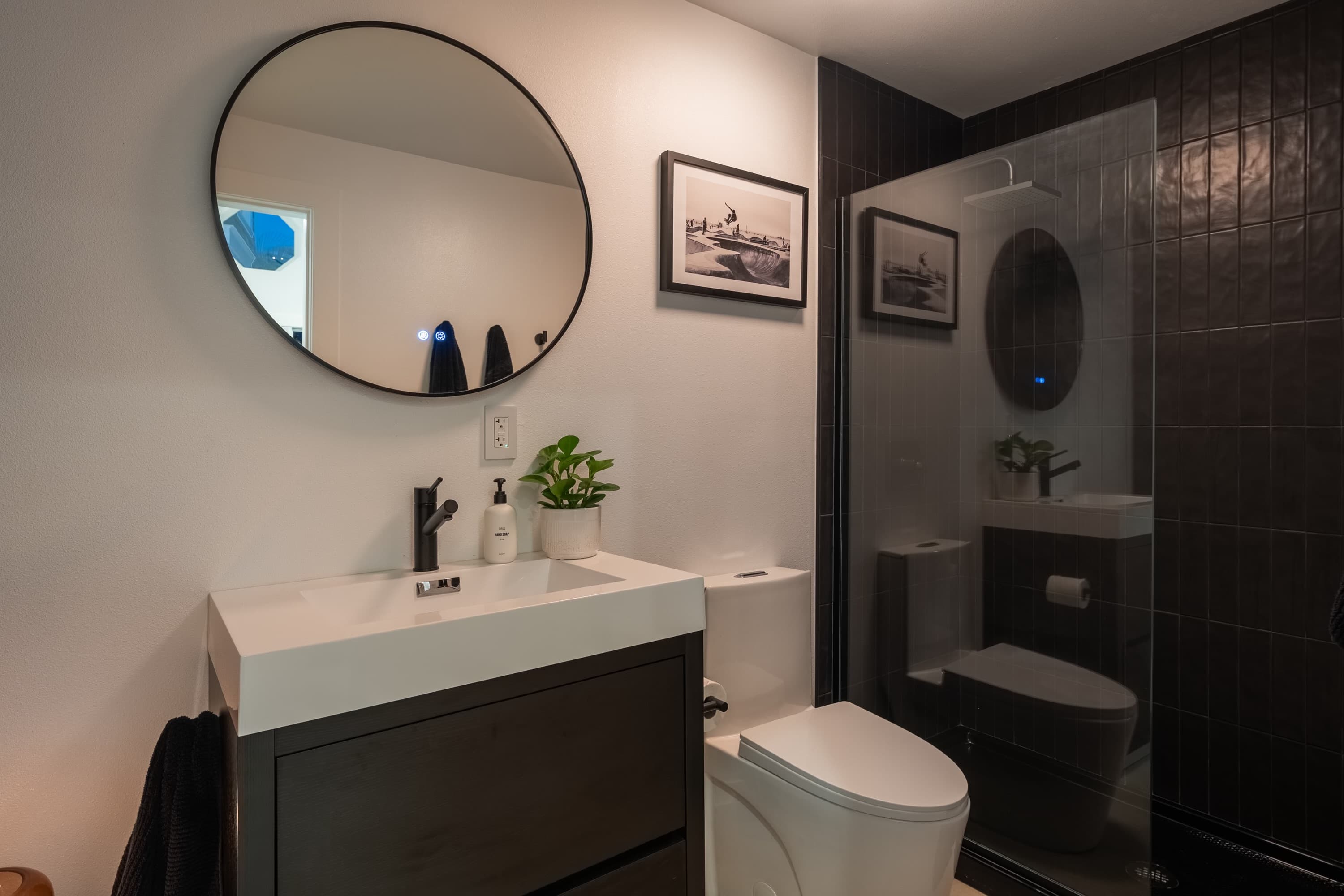 The bathroom, with the stand up shower behind glass.